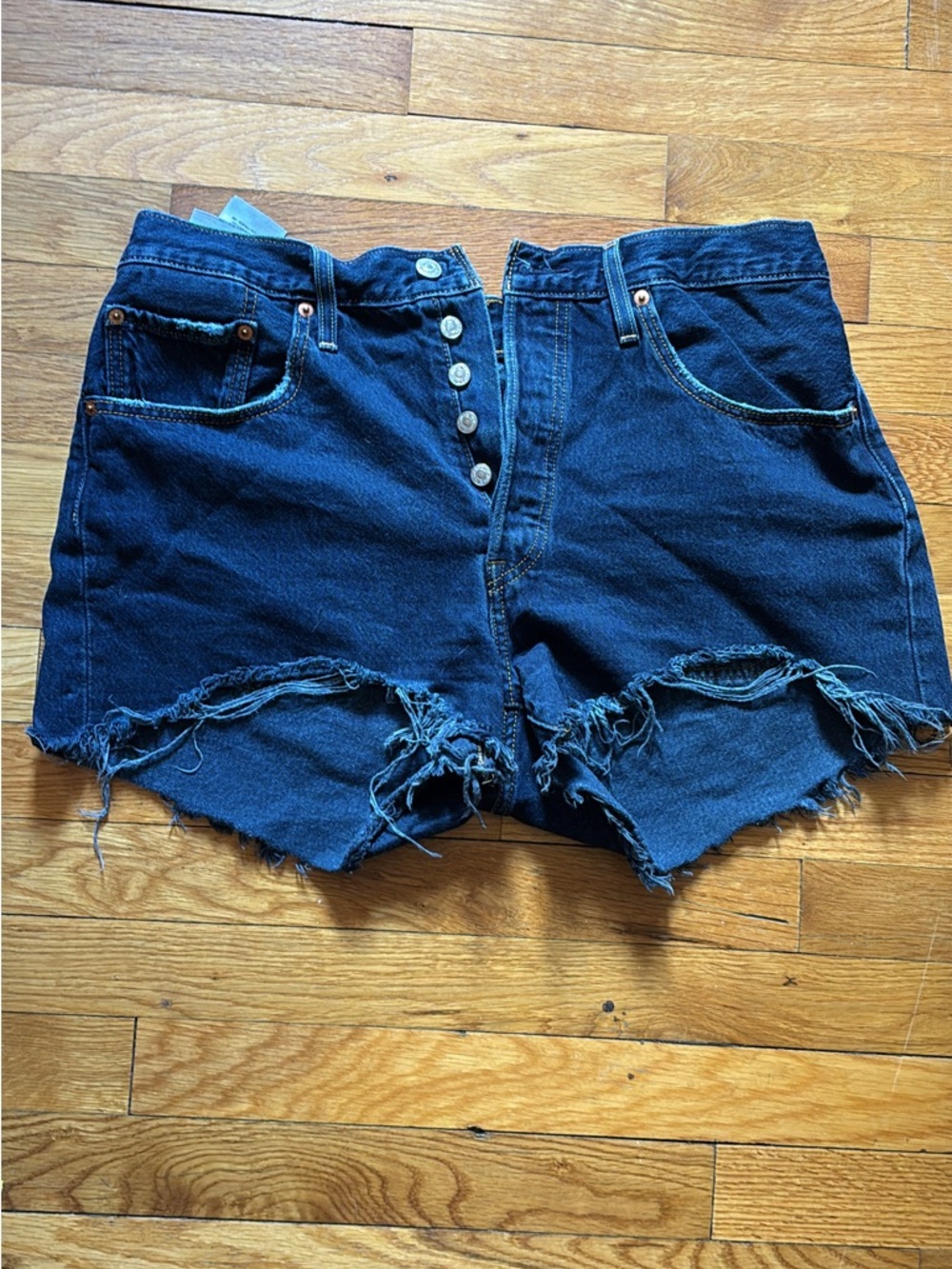 Levi’s 501 Shorts High-Waist Distressed Denim Shorts - Dark Blue, Size 31